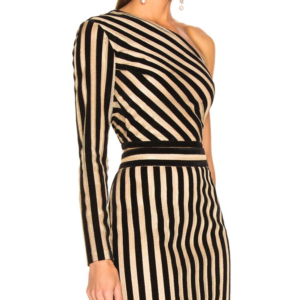 Sandra MansourOne Shoulder Striped Top & Skirt Set Black Gold Small (S) NWT